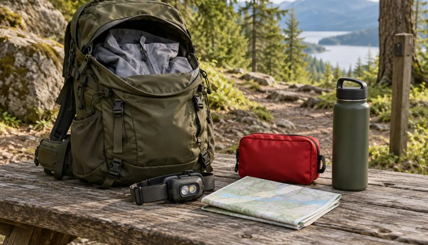 Hiking backpack, rain jacket, headlamp, map, first aid kit and water bottle on a wooden table